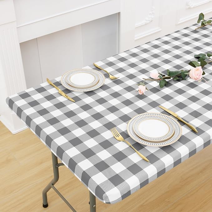 Buffalo Rectangle Picnic Tablecloth, 6 Foot Elastic Fitted Vinyl Table Cloth with Flannel Backing, Waterproof Plaid Table Covers for Dining, Camping, Outdoor (Grey and White, 30" x 72")