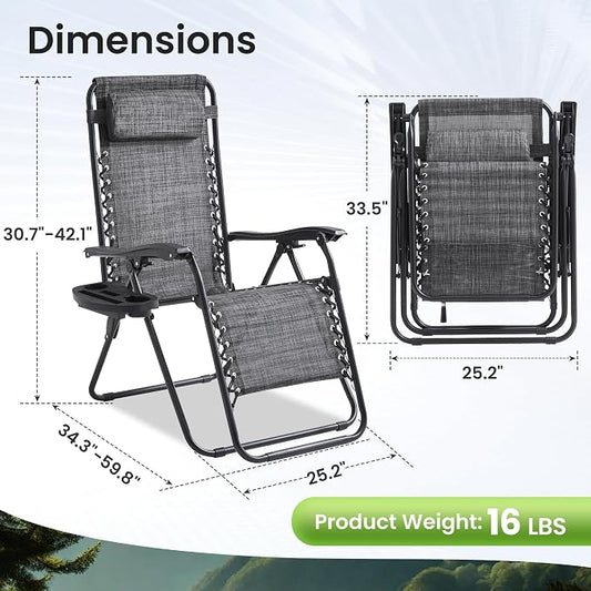 2-Pack Zero Gravity Lounge Chair Recliners - Adjustable Steel Frame with Removable Headrests & Cup/Phone/Tablet Trays - 330LBS Capacity - Light Gray