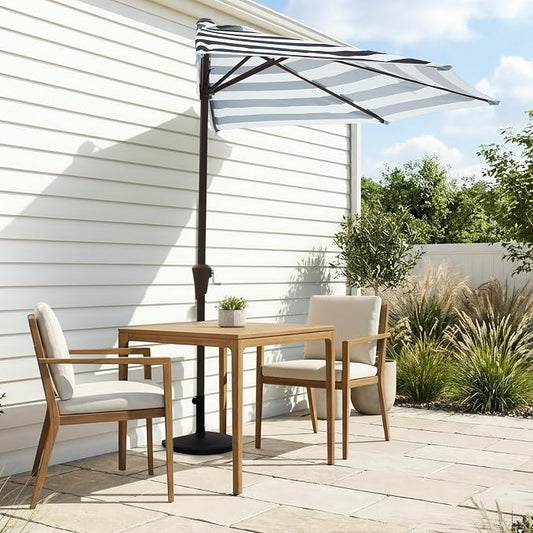 JEAREY 9ft Half Umbrella Outdoor Patio Umbrella Market Umbrellas with Crank, 1/2 Round Wall Umbrella 5 Sturdy Ribs UV Protection for Pool Garden Balcony Deck, Black & White Strip