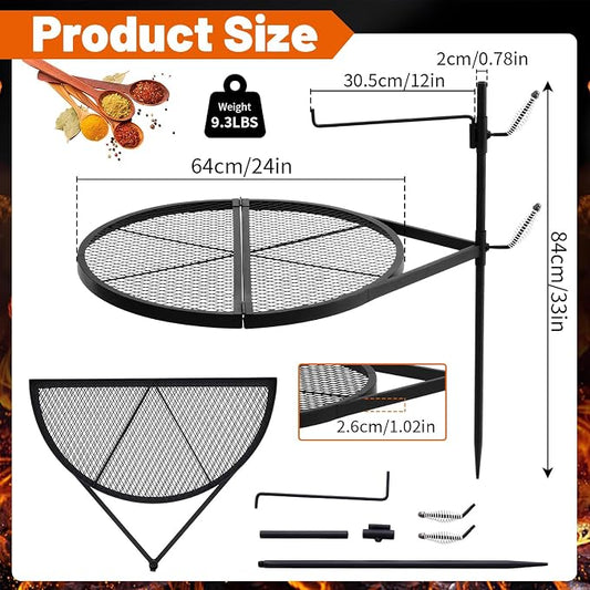 24" Fire Pit Campfire Grill Grate, Foldable Open Fire Cooking Grill Grate Portable Round Camping Cooking Barbecue Rack Heavy-duty, Easy Setup & Adjustable Height for Outdoor Camping BBQ