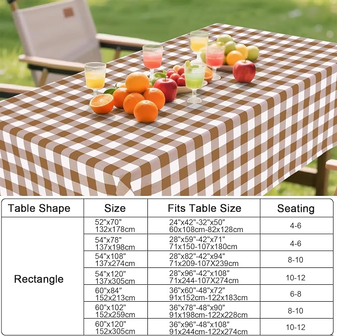 Smiry Picnic Table Cloth, Vinyl Tablecloths with Flannel Backing, 70"x120" | Waterproof Rectangle Table Cloth, Wipeable Buffalo Plaid Table Cover for Indoor and Outdoor (Brown & White)
