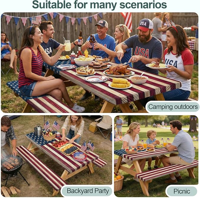 Picnic Table Cover Bench Covers Camping Essentials Tablecloth | Waterproof Vinyl for Outdoor, Windproof Elastic Fitted Edges, RV BBQ Accessories Must Haves, Storage Bag Included