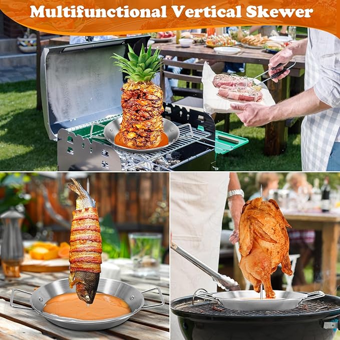 Al Pastor Skewer for Grill, Shawarma Skewer Stand, Stainless Steel Brazilian Vertical Spit with 5 Removable Spikes(6"/8”/10"/12”/14")& Brushes, for Tacos Al Pastor, Grill Smoker Oven BBQ
