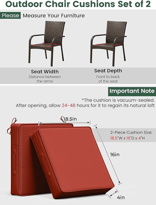 Outdoor Chair Cushion 18.5 x 16 x 4 Inches Patio Furniture Outdoor Waterproof Seat Cushion, Patio Chair Cushion with Handles and Ties, Square Dining Chair Cushion Set of 2, Terra Red