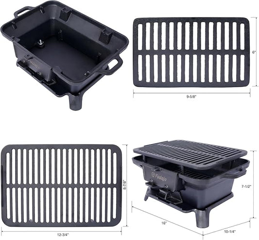 Cast Iron Charcoal Grill, Hibachi Grill Outdoor Portable Charcoal BBQ, Durable Tabletop Skillet Compact Camping Cooker for Tailgating Picnics Hunting (16 L × 10.2 W × 7.5 H)