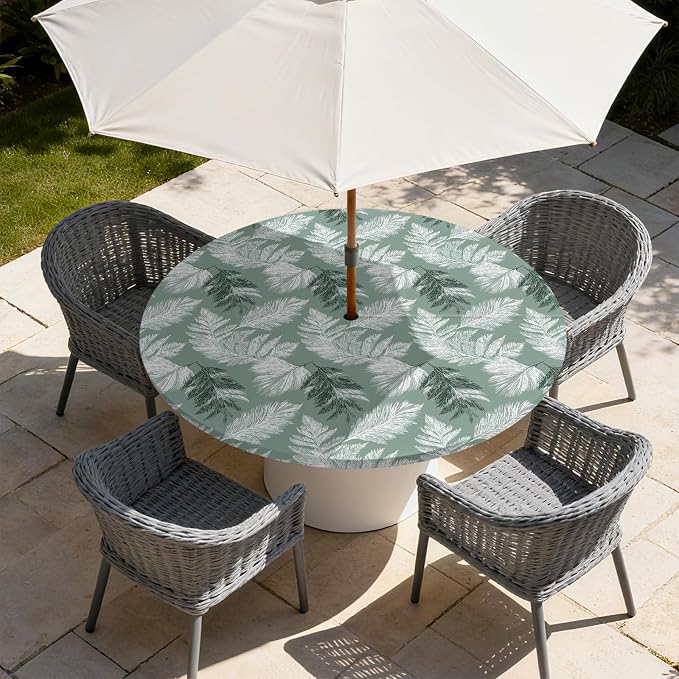 Outdoor Tablecloth with Umbrella Hole and Zipper Fits 49-52" Tables | Waterproof Round Fitted Tablecloth with Elastic Edge, Wipeable Outdoor Table Cover for Patio, Garden, Picnic
