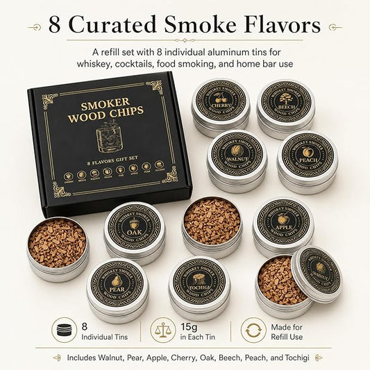 Cocktail & Whiskey Smoker Wood Chips, 8 Flavor Wood Chips Refill Set in Aluminum Tins for Cocktail Smoker Kit, Smoking Gun, Old Fashioned, Bourbon, Drinks, Cheese, Meat & Home Bar, Gift for Men