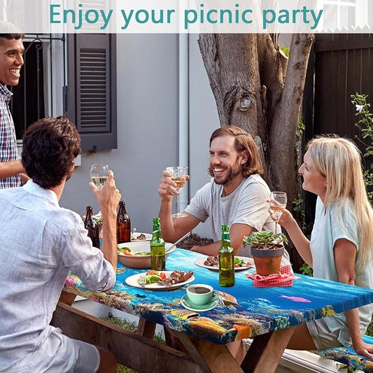 Ocean Animals Picnic Table Cover with Bench Covers, Camping Essentials, Underwater Sea Turtles Waterproof Windproof, Fitted Tablecloth Cover with Elastic Edge, for Garden & Outdoor, 3 PCS, 30x60 Inch
