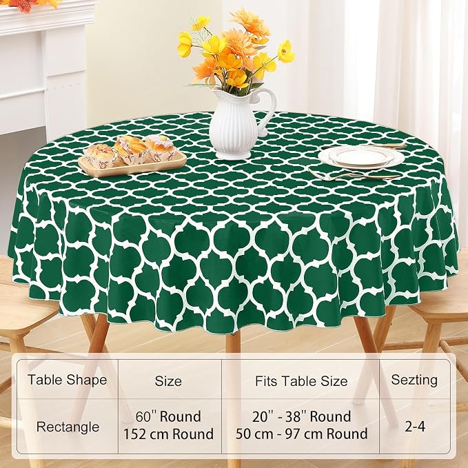 Smiry Round Plastic Table Cloth, Waterproof Vinyl Tablecloth with Flannel Backing for Round Tables, Wipeable & Spillproof for Dining, Camping, Indoor and Outdoor (60" Round, Emerald Green)