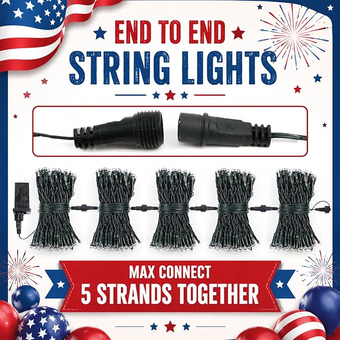 2-Pack Connectable 4th of July 164FT 400LED String Lights, Extra-Long Led Twinkle Lights Waterproof with 13 Modes& Timer, Independence Day Decoration Outdoor Indoor, Red White and Blue