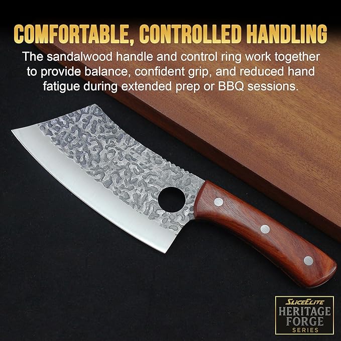 SliceElite Hand Forged Meat Cleaver Knife | Heavy Duty Butcher Knife with Blackened Blade, Sandalwood Handle & Gift Box | High Carbon Steel BBQ Kitchen Cleaver | Bone Chopping Knife for Men