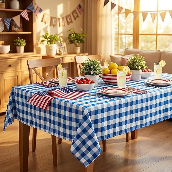 B-COOL Buffalo Plaid Table Cloth Fabrics - Checkered Table Cloths Independence Day Rectangle Blue and White Checkered Table Linens for Picnic, Birthday, Patriotic Indoor Outdoor Party 56 x 120 Inch