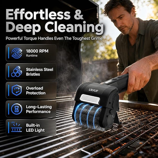 Electric Grill Brush, Grill Cleaner with LED Light, with 800 RPM Motor, 304 Removable Stainless Steel Brush Head, Cordless & Type-C Rechargeable for BBQ, Heavy Duty Grill Cleaning Tool (Grey Black)