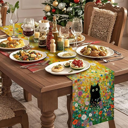 Cat Floral Table Runner,Dining Decor for Kitchen Coffee Table Family Dinners Holiday Parties Wedding Events Decor(13x72 inch)