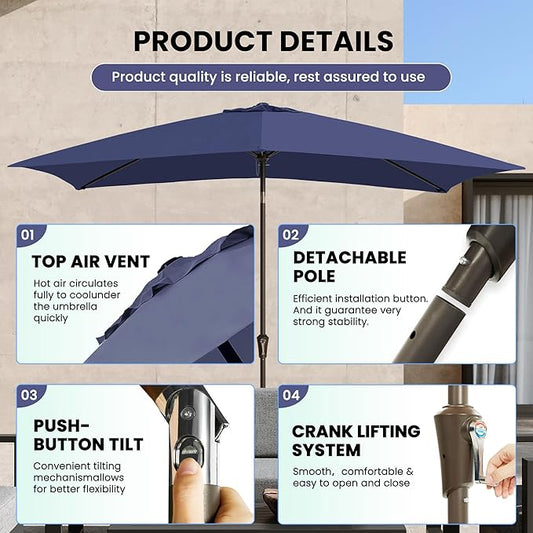 Ayge 6.5x10FT Rectangular Patio Umbrella Outdoor Table Umbrella w/Push Button Tilt & Crank Rectangle Market Umbrella UV Protection for Garden,Deck,Lawn,Yard & Pool,Navy