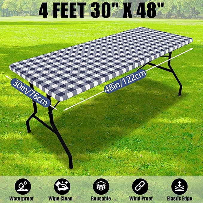 Smiry Picnic Table Cloth 2 Pack, Waterproof Elastic Fitted Tablecloths for 4FT Rectangle Tables, Washable Polyester Buffalo Plaid Tablecloth for Camping, Dining & Outdoor (Navy & White, 30" x 48")