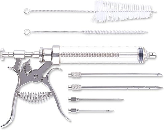 J&B Goods Professional Automatic BBQ Meat Marinade Injector Gun Kit with Case, 2 oz Large Capacity Barrel and 4 Commercial Grade Marinade Needles.