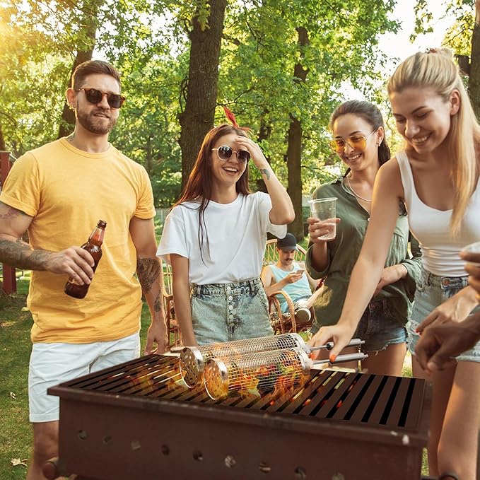 Rolling Grill Baskets (2PCS), 304 Stainless Steel with Removable Stainless Steel Handle, Rolling Grilling Net, BBQ Accessories Tools for Vegetables Shrimp, Outdoor Cooking Camping, Gifts for Men Dad Husband