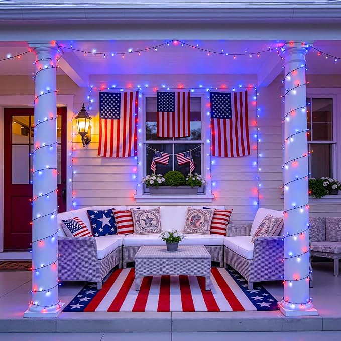 4 Pack Red White and Blue Lights, 50 LEDs 16.5ft 4th of July Lights Battery Operated, Green Wire Battery Powered Twinkle Lights for Tree Wreath Christmas Independence Day Decorations