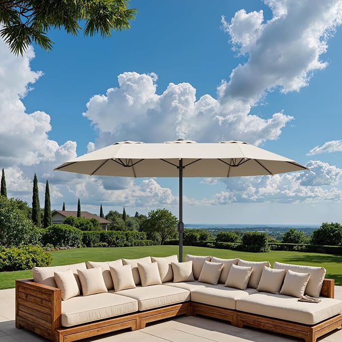 15FT Double-Sided Patio Umbrella, Outdoor Market Umbrella with Base