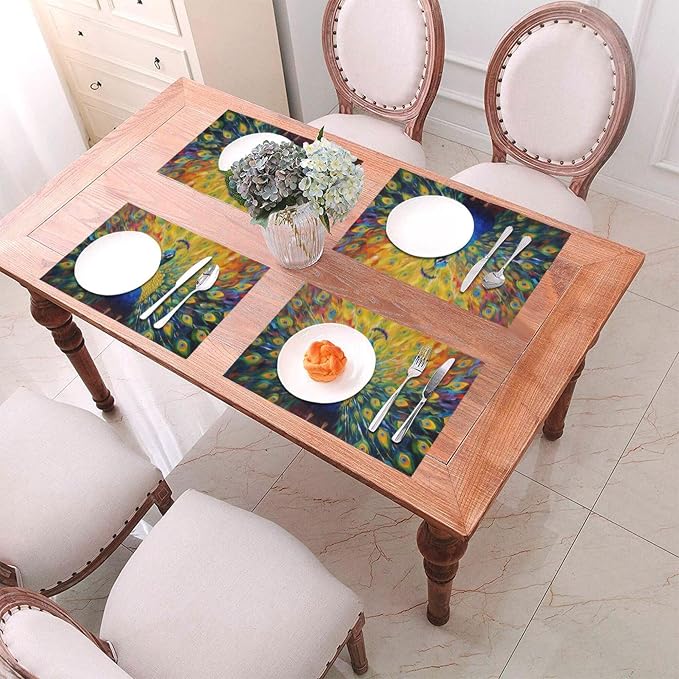 Beautiful Peacock Placemats Set of 4 Linen 12x18 Inch | Washable Heat-Resistant Cute Kitchen Table Mats for Dining Outdoor Farmhouse Holiday Home Decor