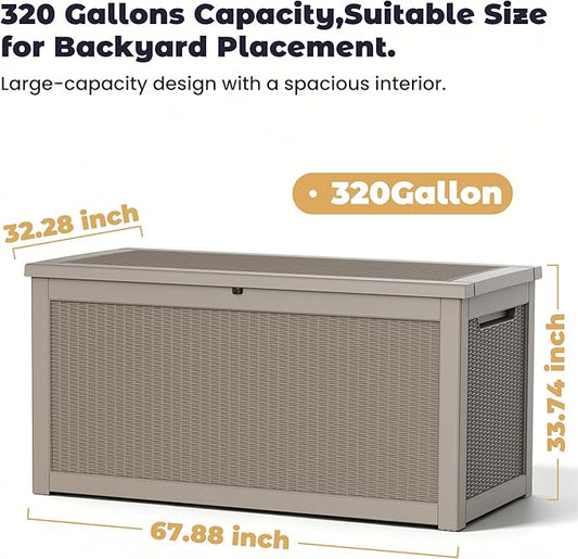 PatioZen 320 Gallon Deck Box, Outdoor Storage Box, Outdoor Storage Box for Cushions, Garden Tools, Furniture Storage,Waterproof, Lockable and Resin,Grey