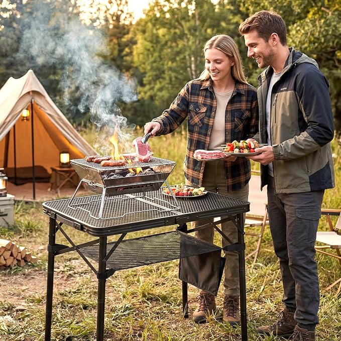Folding Grill Table, 24"x16" Portable Camping Table with Storage Pocket, Heat Resistant & Waterproof Outdoor Picnic Table, Sturdy Lightweight for Travel Cooking BBQ, Camping, Backyard