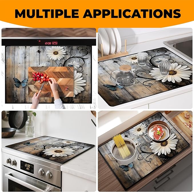 Heat-Resistant Glass Stove Top Cover with Anti-Slip Rubber Coating – Electric Stove Protector, Scratch-Resistant, Expands Counter Space, Stylish Kitchen Decor (Daisy)