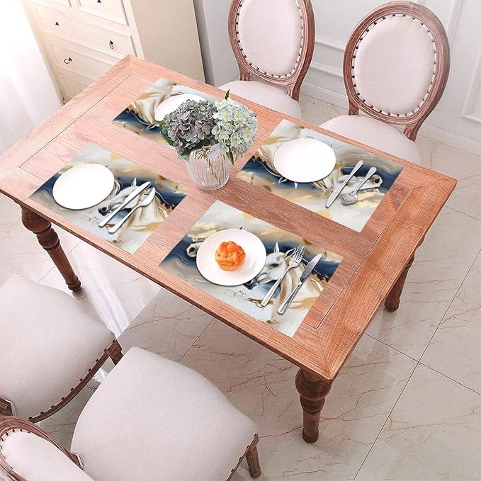 Horse Placemats Set of 4 Linen 12"x18" Modern Decorative Table Mats | Washable Heat-Resistant for Dining Outdoor Kitchen Home Decor Cute Place Mats
