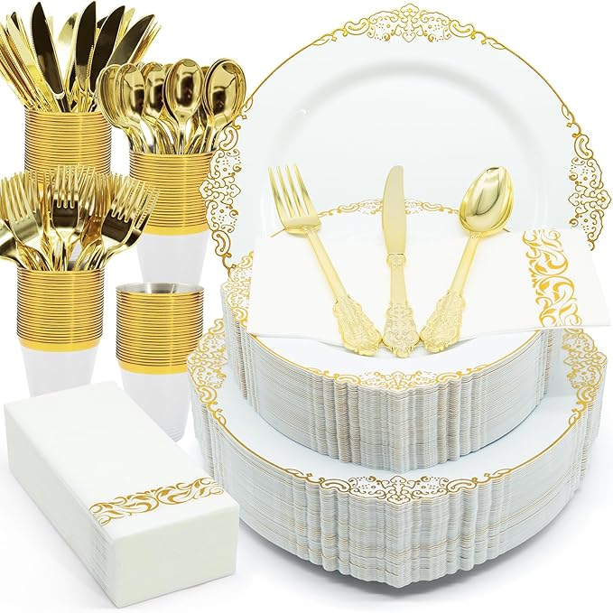 AIRE 175PCS Gold Plastic Plates for Party Supplies Dinnerware Sets for 25 Guests, Vintage Disposable Plastic Party Plates Cups Spoons Forks Knives Napkins for Wedding Birthday Christmas BBQ Parties