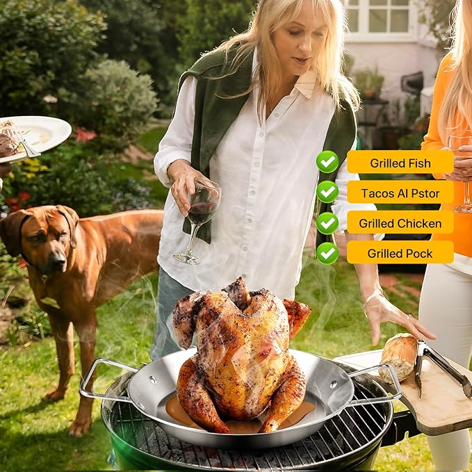 Gyro Pan with Skewer for Oven, Stainless Steel Vertical Skewer Pan for Trompo Al Pastor Tacos, Shawarma Kebab Rotisserie Grill with 5 Adjustable Spikes & Brush, BBQ Smoker Accessories