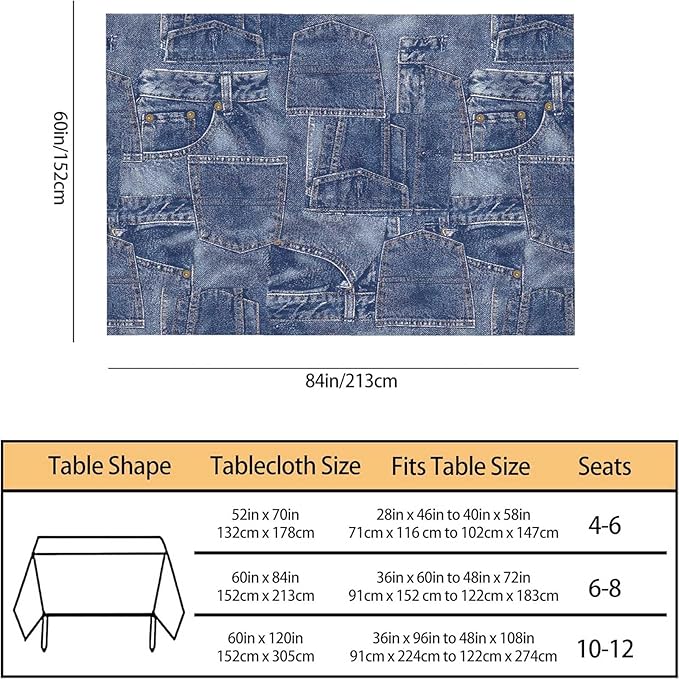 TKS MITLAN Denim-Style Indigo Rectangle Tablecloth - 60x84 Inch (6-8 Seats) Polyester Decorative Cover for Dining, BBQ, Picnic, Coffee Table Retro Denim Pocket Print, Non-Denims Material
