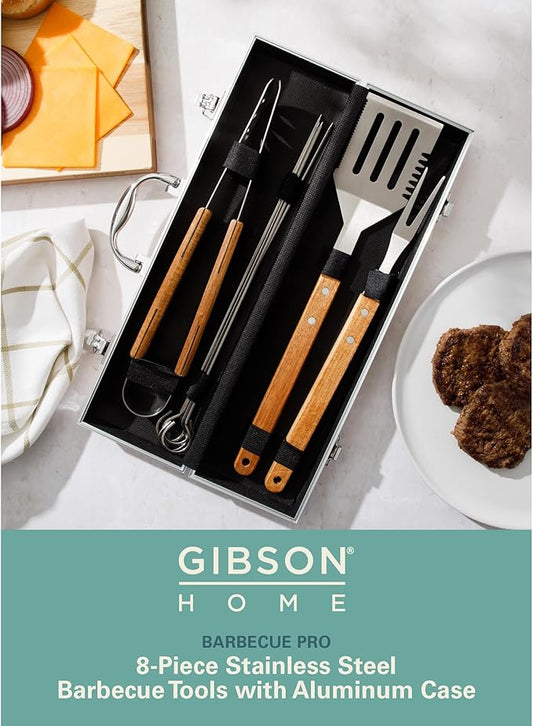 Gibson Home Barbeque Pro 8-Piece BBQ Tool Set with Acacia Wood Handles and Aluminum Storage Case โ Grill Accessories Kit