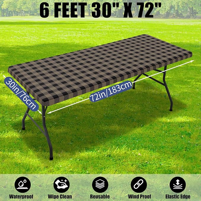 Smiry Picnic Table Cloth 2 Pack, Waterproof Elastic Fitted Tablecloths for 6FT Rectangle Tables, Washable Polyester Buffalo Plaid Tablecloth for Camping & Outdoor (Black & Khaki, 30" x 72")