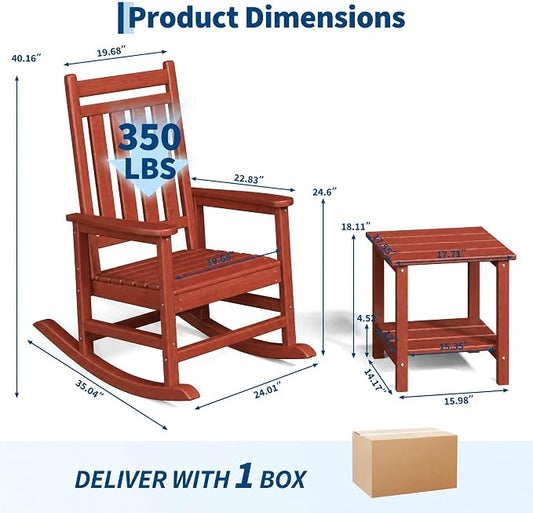 Garvee HDPE Rocking Chair Outdoor Set of 2 with Side Table - Poly High Back Porch Rocker Chairs for Adults - All Weather Resistant Furniture for Patio Front Porch - Red