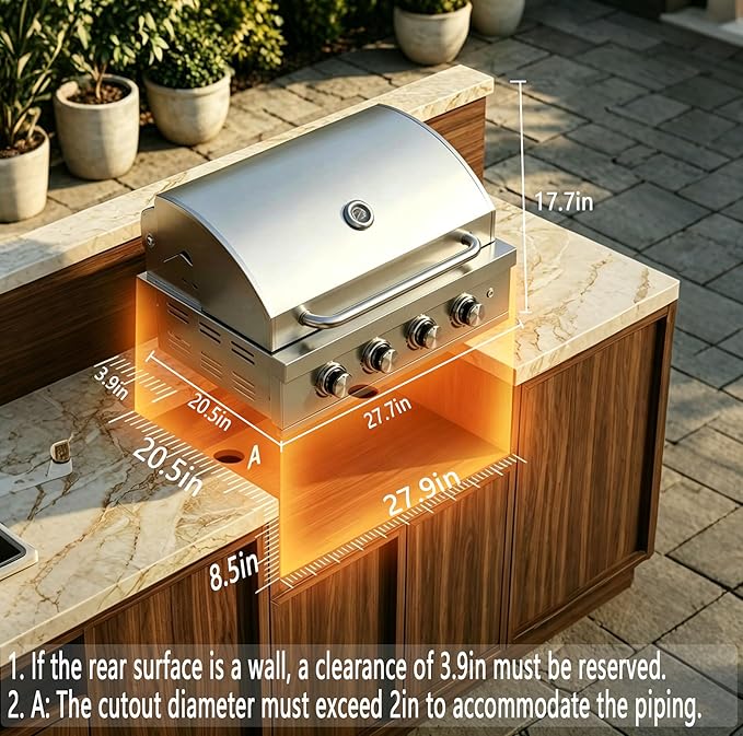 Built-In Gas Grill, 28 in 4 Burner Propane Grill, LP Gas, Charcoal & Natural Gas Convertible, Heavy Duty 304 Stainless Steel 48,400-BTUs for Outdoor Kitchen Island Family Cooking