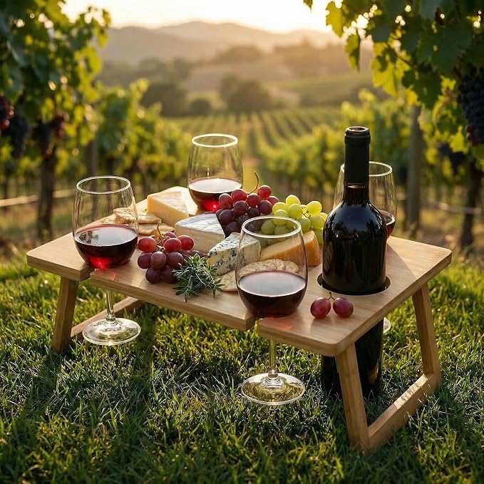 Peohud Portable Wine Picnic Table, Foldable Champagne Picnic Snack Table Tray, Wooden Outdoor Picnic Table with Glass Holder for Park, Beach, Camping, Bed, Wine Lover Gift
