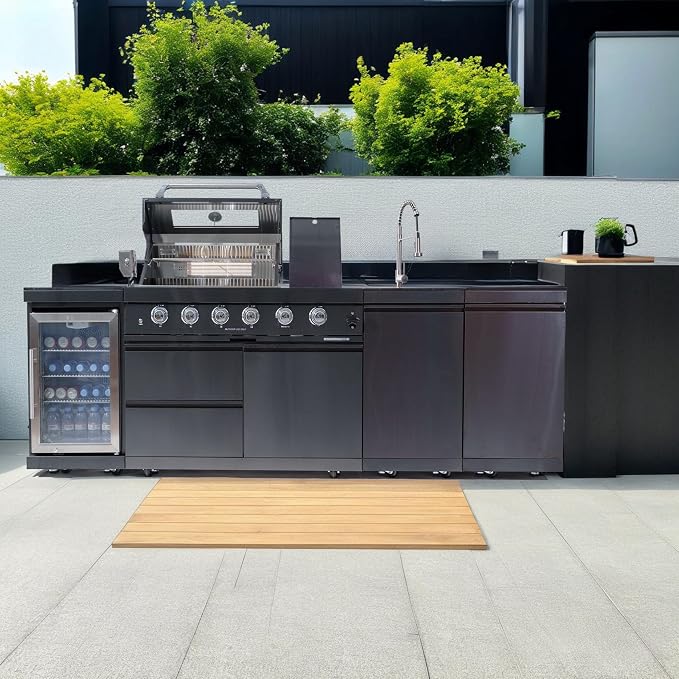 4 Burner Outdoor Kitchen Island with Grill and Side Burner, Deluxe Stainless Steel Modular Outdoor Kitchen, 72000 BTU, Gas Propane BBQ Island with Refrigerator, 2 Doors Sink, Rotisserie, 104"W, Black
