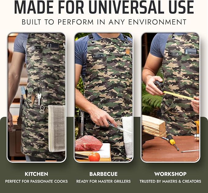 Asaya Chef and BBQ Apron with Bottle Opener and Hand Towel - 10oz Cotton Canvas, Stainless Steel Hardware - Cross Back Straps