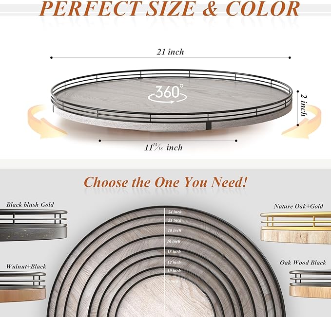 AMH 21-Inch Whitewashed Farmhouse Wooden Lazy Susan Organizer | Smooth rotating oak tray with walnut finish for dining tables, kitchen counters, pantries and cabinet storage.