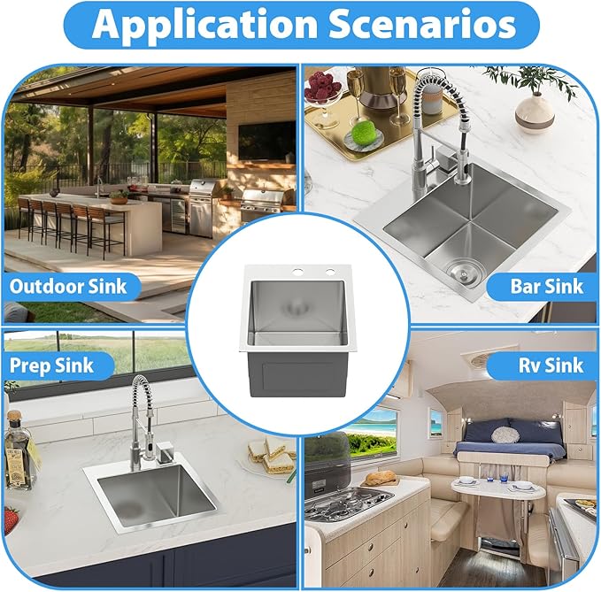 13 Drop In Bar Sink 13 x 15 Inch Kitchen Sink 18 Gauge Stainless Steel Single Bowl Topmount Handmade Sink for Outdoor, RV, 13x15x9