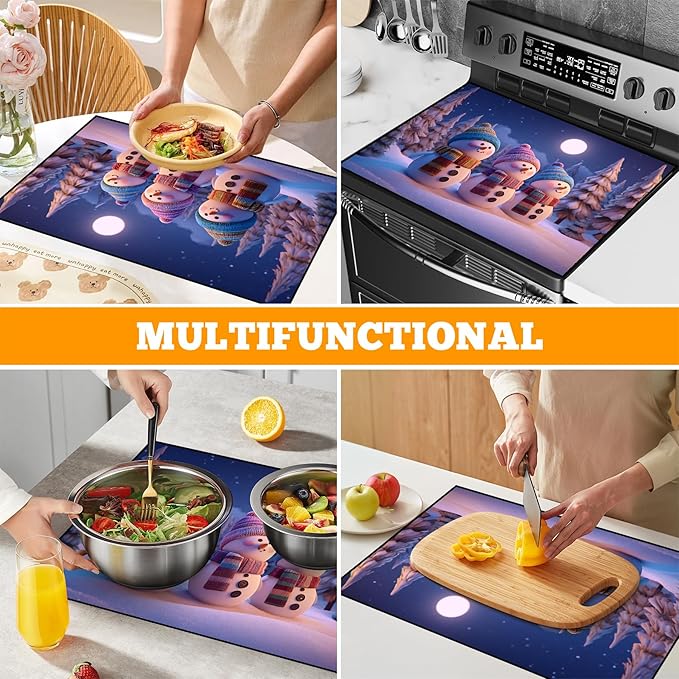 Christmas Multi-Design Stove Cover for Glass/Electric Stoves - 3-in-1 Heat-Resistant Protector Mat, Non-Slip Drying Rack 28"x20"