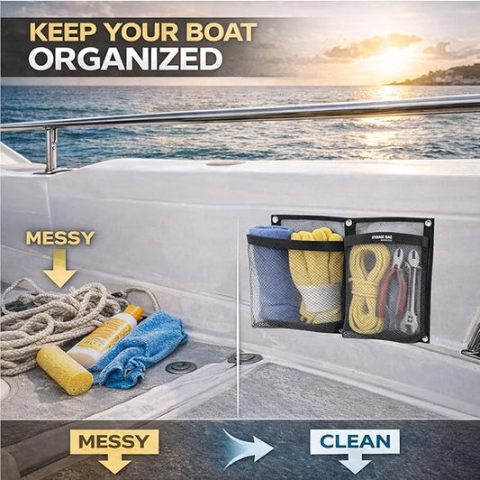 Marine Mesh Double Pocket Boat Gear Storage Bag, Polyester Boat Rope Storage Bag, Screw Snap Mount (Black, Large)