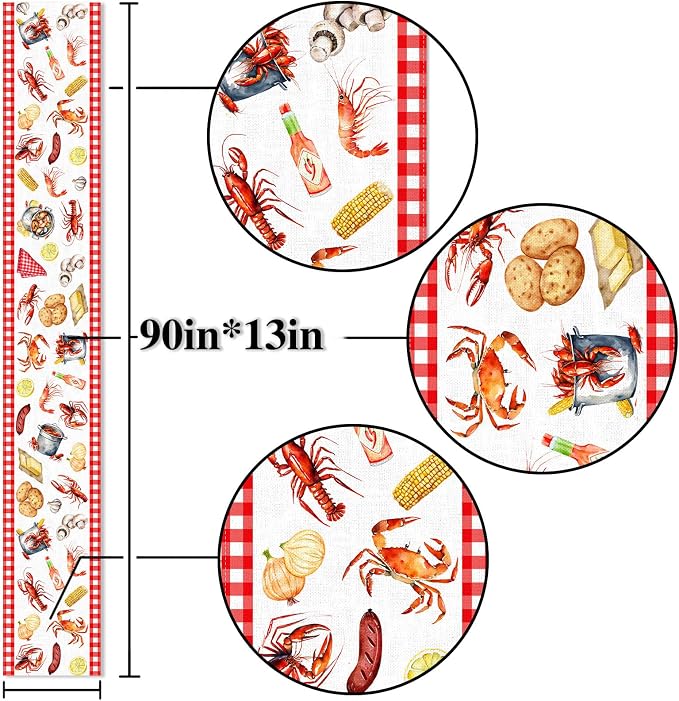 Crawfish Boil Table Runner Buffalo Check Lobster Crab Seafood Boil Themed Birthday Party Decoration Dining Room Home Kitchen Decor (13" x 90")