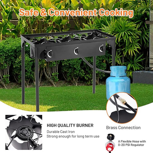 Giantex Outdoor Triple Burner Stove, High Pressure 3 Burner Stand Max. 225,000 BTU total, 0-20 PSI Regulator Detachable Legs, Portable 3 Propane Grill Burner Stove for Camping Picnic Cookout