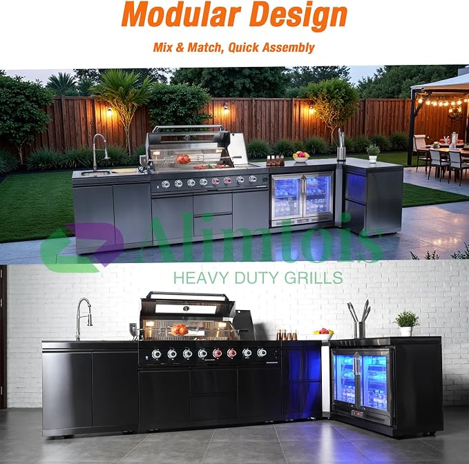 BBQ Grill Island Outdoor Kitchen: Luxury 160 Inch 6-Burner 96000 BTU Stainless Steel Built-in Propane Gas Barbecue Station with Wine Cooler Refrigerator, Rotisserie, Storage Cabinets, Drawers, Sink