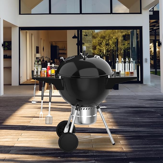 Charkettle Grill Table Shelf Compatible with Weber 22 Inches Kettle Grills, Outdoor Charcoal Grill Side Table BBQ Accessories with Hooks