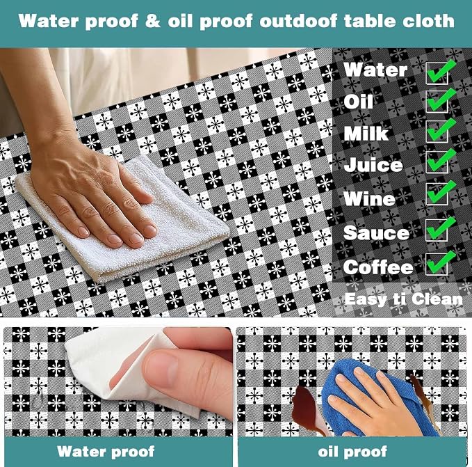 Picnic Table Cover with Bench Covers and Bag, Camping Essentials, Buffalo Plaid Waterproof and Windproof, Fitted Tablecloth Cover with Elastic Edge, for Outdoor, 3 PCS, (Black & White, 30"x60")