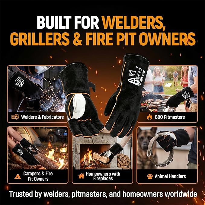 TOPDC Welding Gloves 14 Inch, 482°F Heat Resistant Leather Gloves for Fireplace BBQ Grill Fire Pit Campfire Wood Stove, Kevlar Stitching CE Certified, MIG Stick Forge Furnace Oven Animal Handling