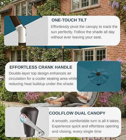 PatioKingdom 9FT Patio Outdoor Umbrella-UPF 50+ Sun Shade with Wind Vent, Push-Button Tilt & Smooth Crank Lift, Rust-Resistant Fiberglass Frame for Garden, Backyard,Yard (Lake Blue)